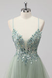 Green Tulle Sequin Long Ball Gown Prom Dress with Lace Up Back