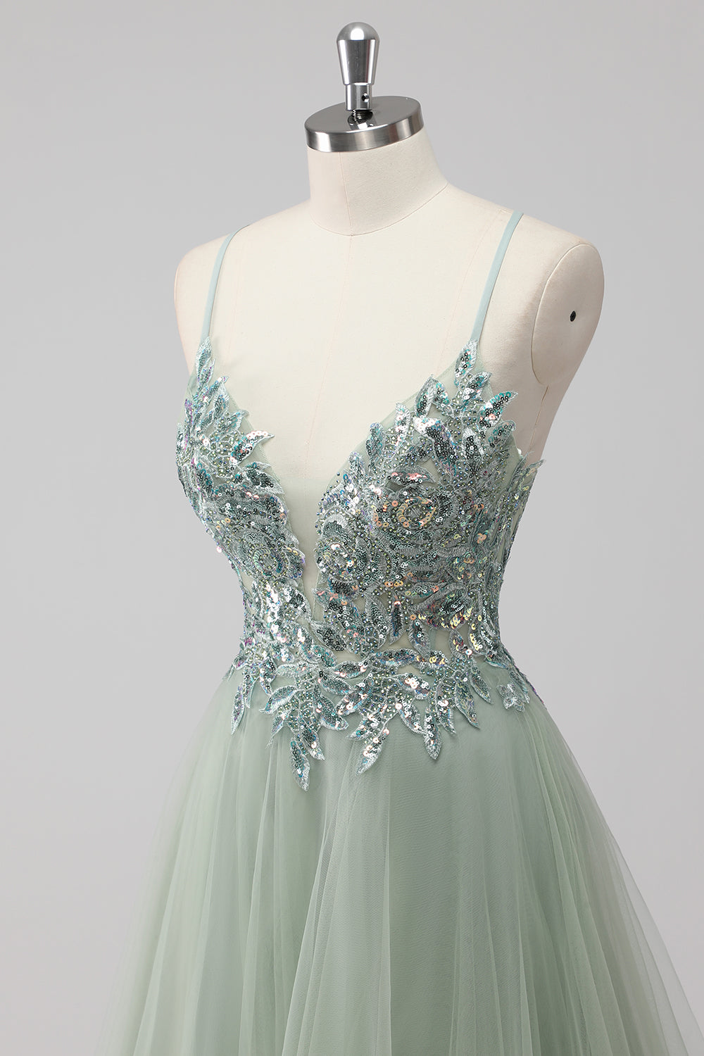 Green Tulle Sequin Long Ball Gown Prom Dress with Lace Up Back