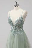 Green Tulle Sequin Long Ball Gown Prom Dress with Lace Up Back