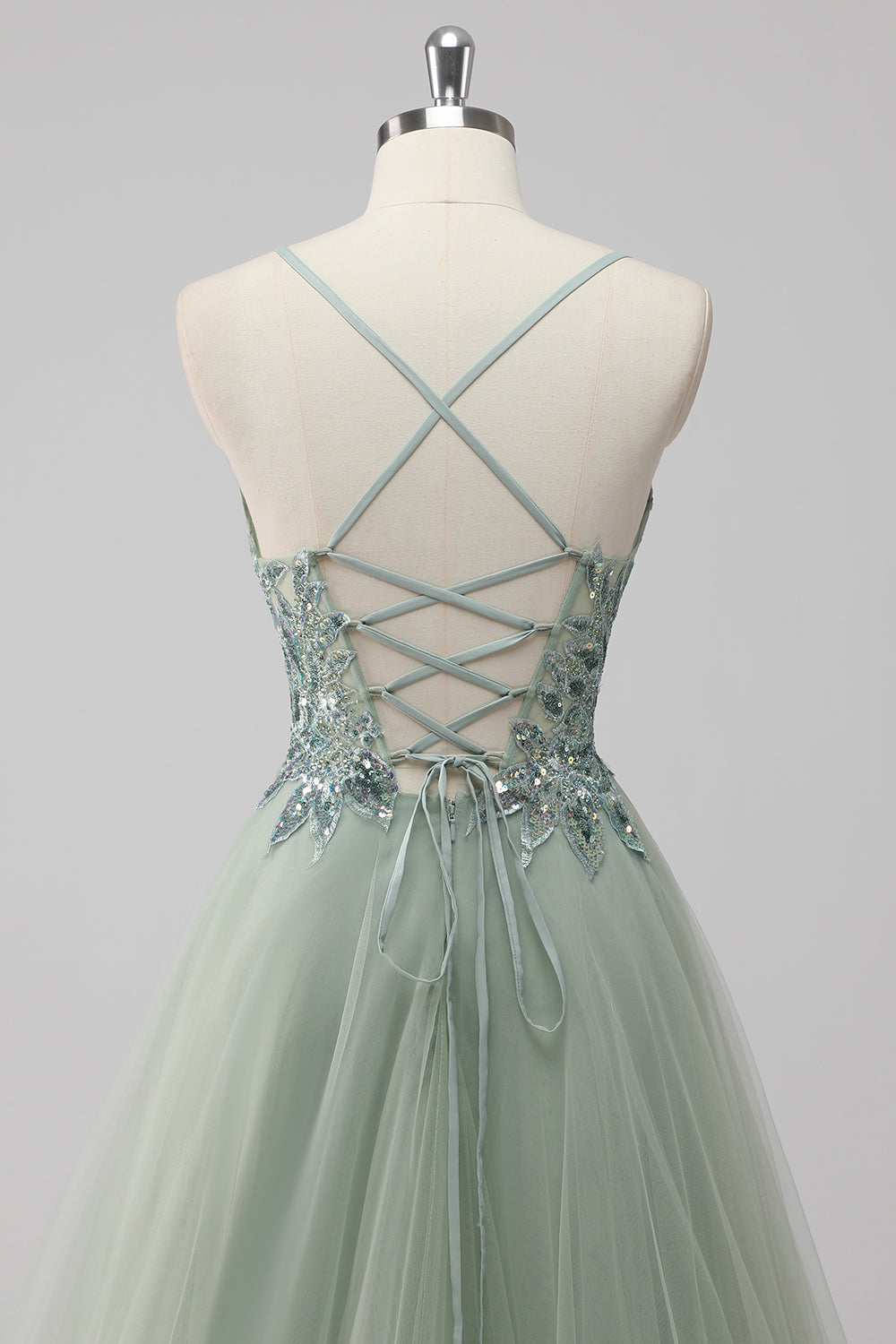 Green Tulle Sequin Long Ball Gown Prom Dress with Lace Up Back