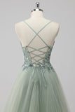 Green Tulle Sequin Long Ball Gown Prom Dress with Lace Up Back