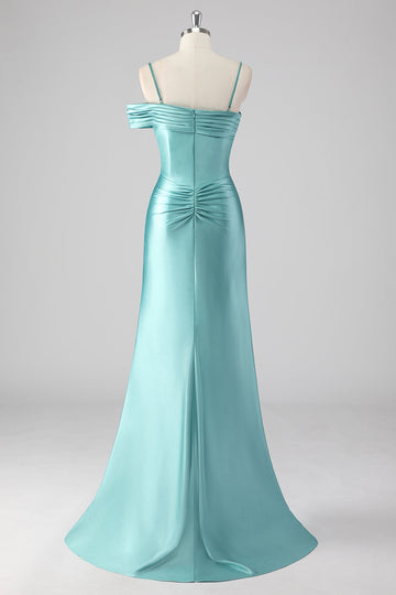Blue Sheath Pleated Spaghetti Straps Long Formal Dress