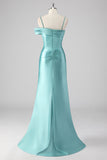 Blue Sheath Pleated Spaghetti Straps Long Formal Dress