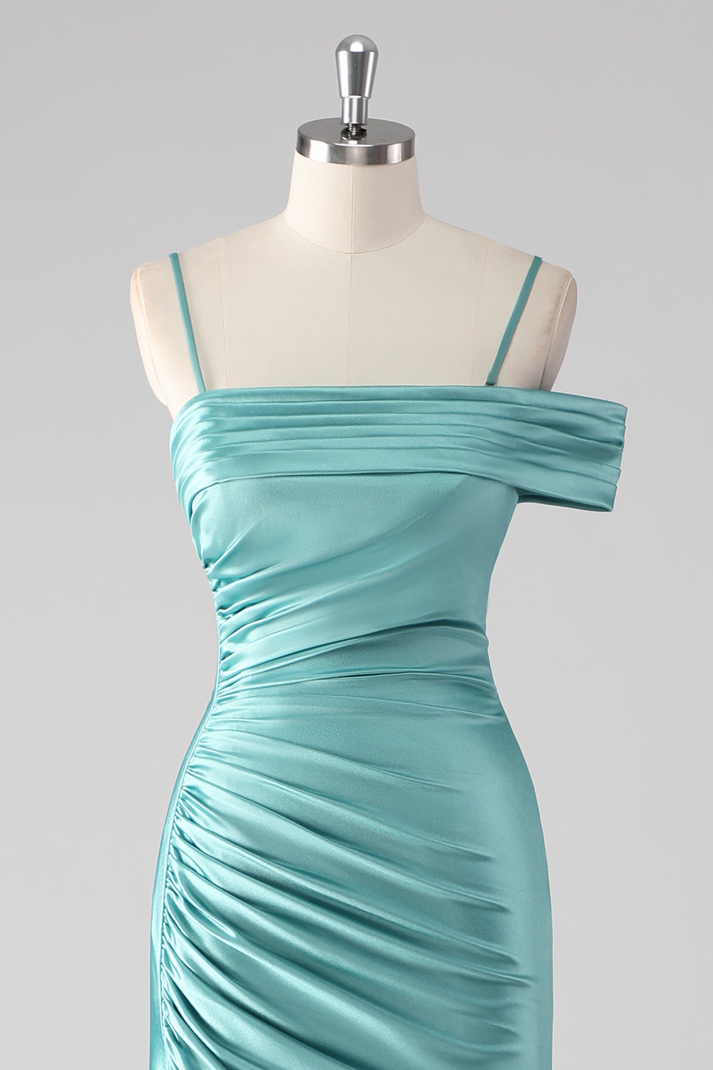 Blue Sheath Pleated Spaghetti Straps Long Formal Dress
