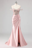 Sparkly Pink Mermaid Cold Shoulder Corset Long Formal Dress with Slit