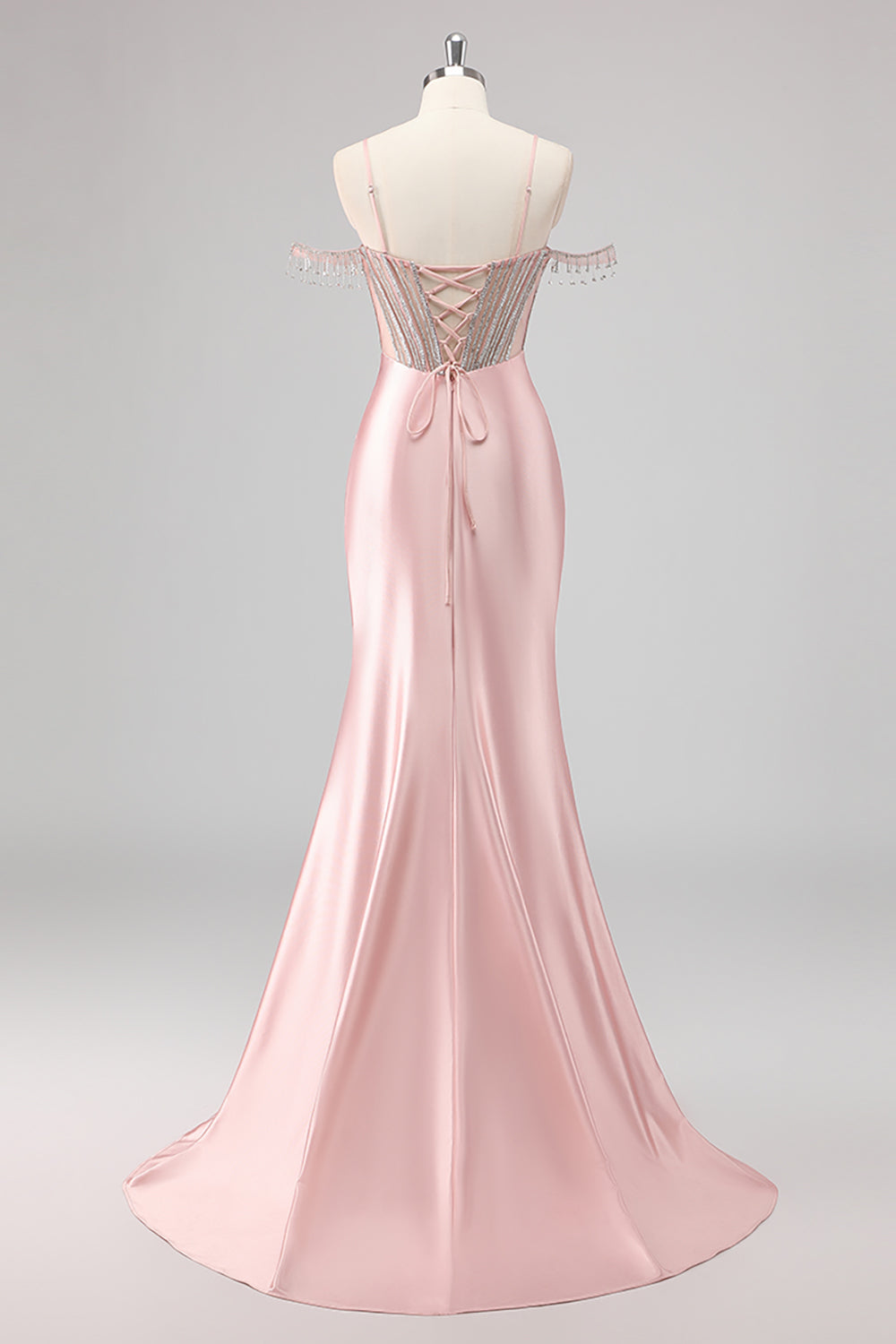 Sparkly Pink Mermaid Cold Shoulder Corset Long Formal Dress with Slit