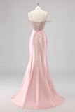 Sparkly Pink Mermaid Cold Shoulder Corset Long Formal Dress with Slit