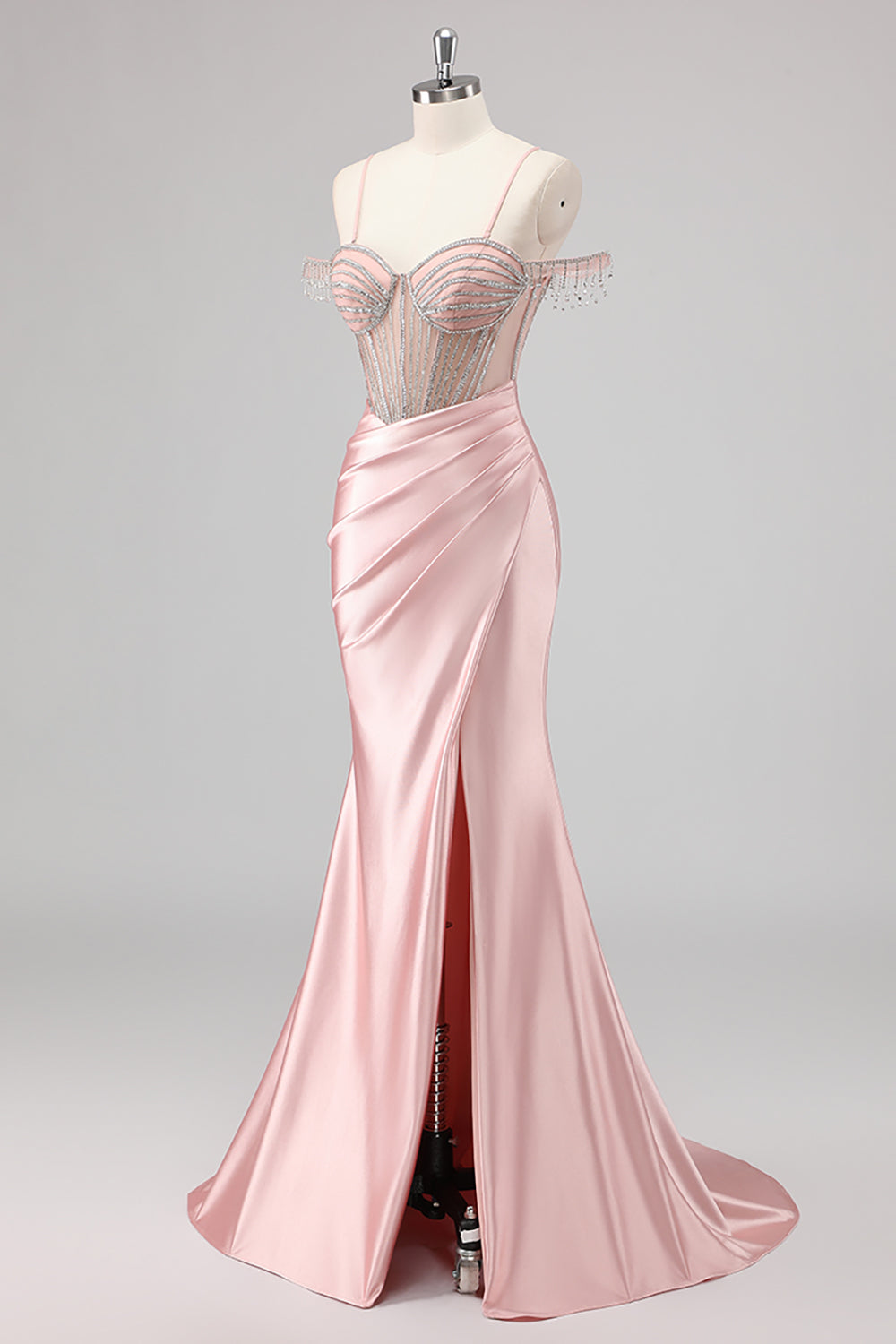 Sparkly Pink Mermaid Cold Shoulder Corset Long Formal Dress with Slit