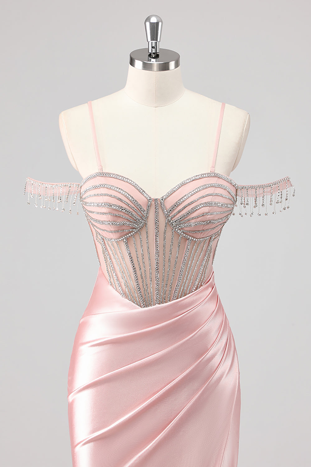 Sparkly Pink Mermaid Cold Shoulder Corset Long Formal Dress with Slit