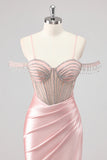 Sparkly Pink Mermaid Cold Shoulder Corset Long Formal Dress with Slit