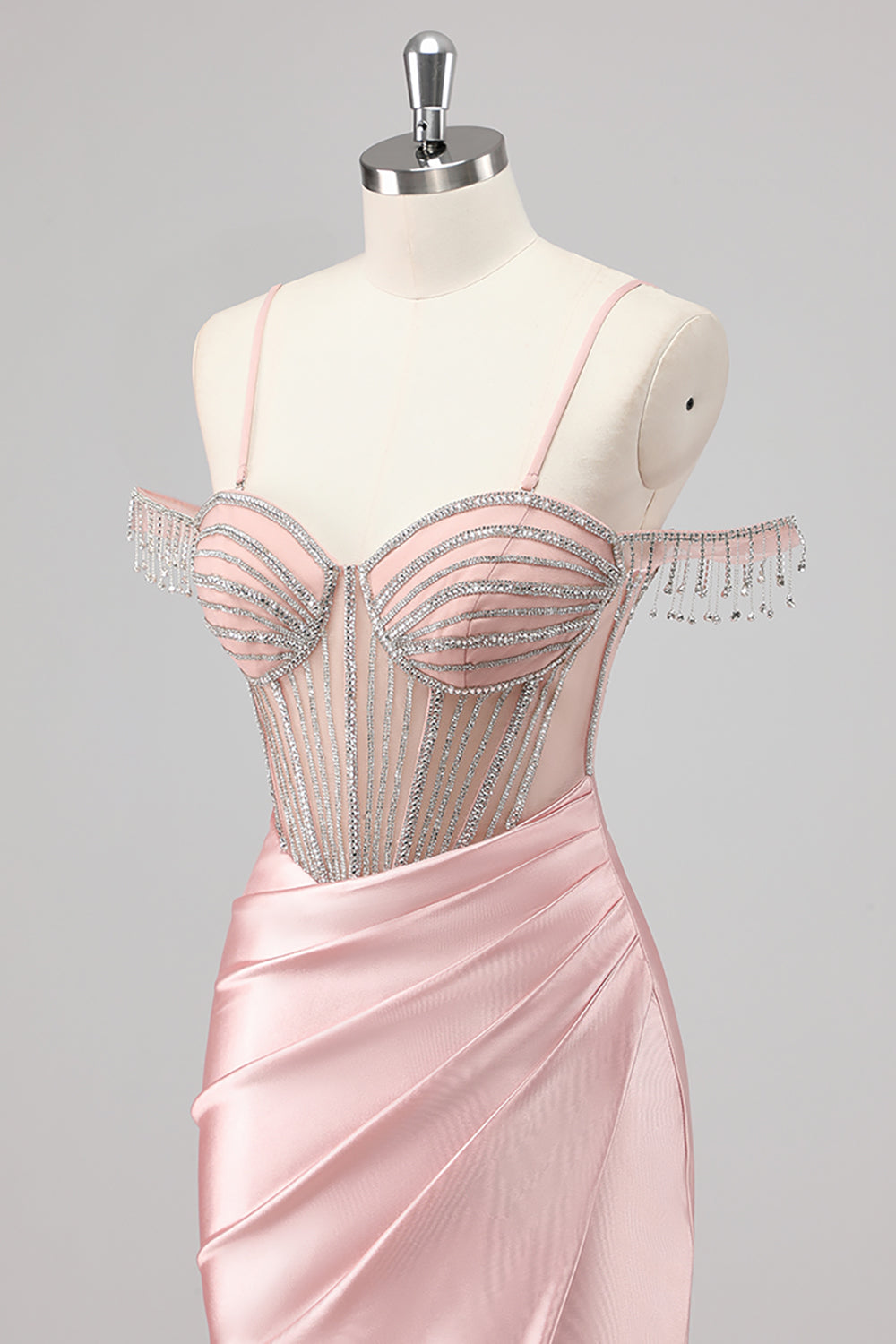 Sparkly Pink Mermaid Cold Shoulder Corset Long Formal Dress with Slit