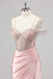 Sparkly Pink Mermaid Cold Shoulder Corset Long Formal Dress with Slit