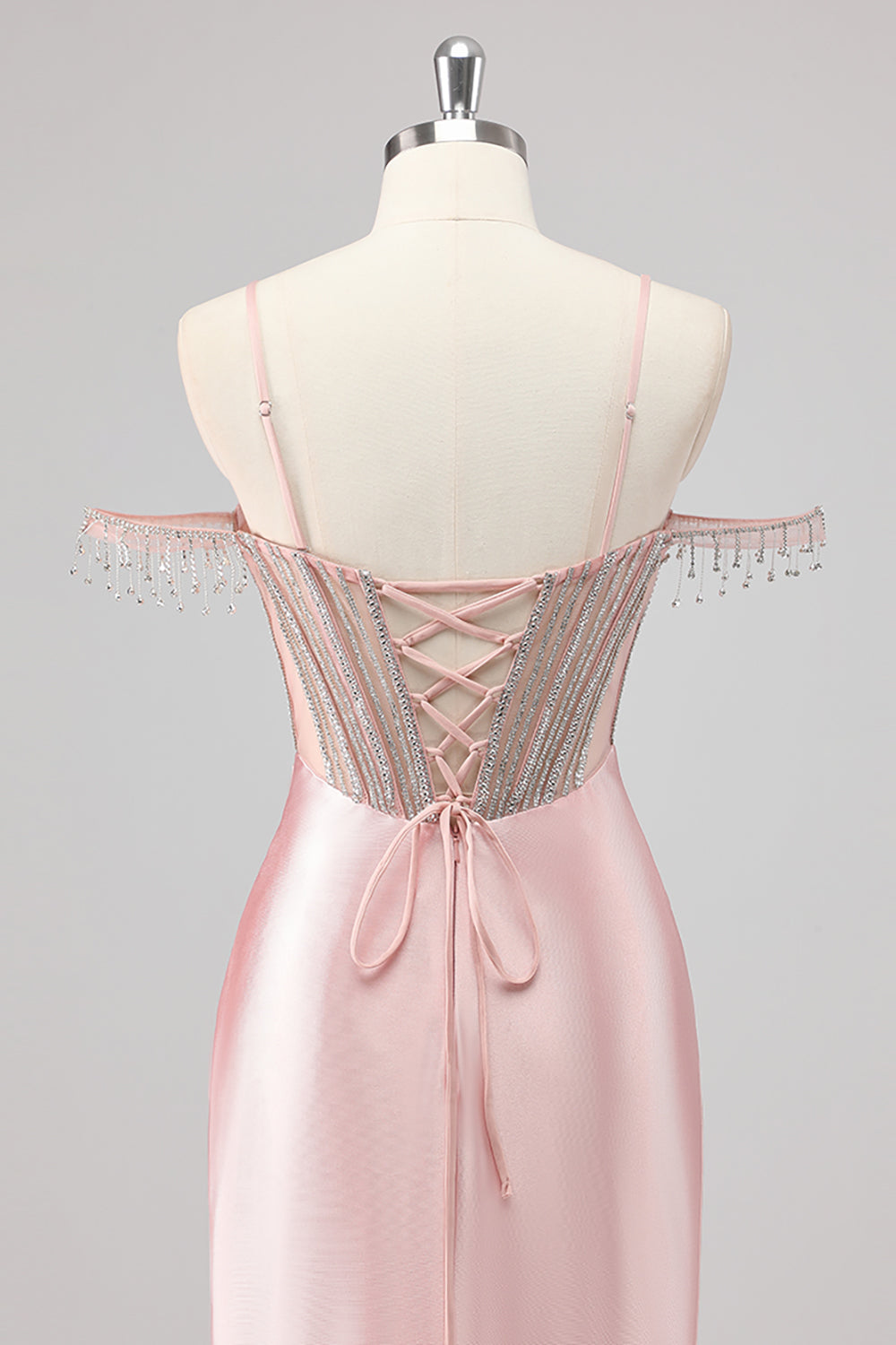 Sparkly Pink Mermaid Cold Shoulder Corset Long Formal Dress with Slit