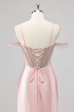 Sparkly Pink Mermaid Cold Shoulder Corset Long Formal Dress with Slit