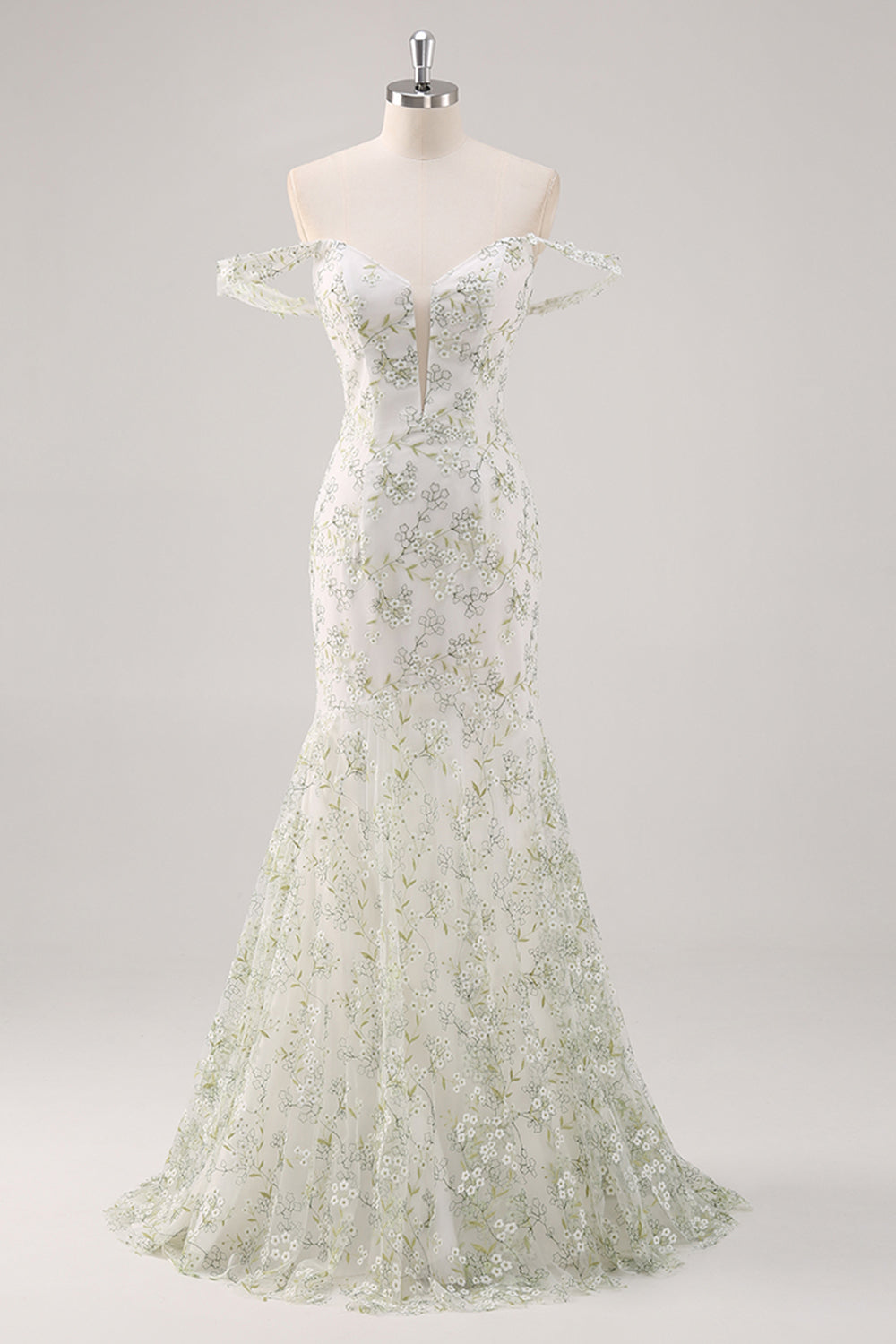 Mermaid White Green Flower Off The Shoulder Long Formal Dress