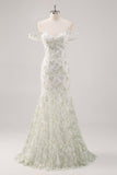 Mermaid White Green Flower Off The Shoulder Long Formal Dress