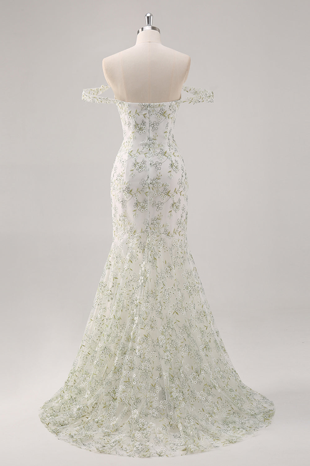 Mermaid White Green Flower Off The Shoulder Long Formal Dress