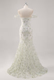 Mermaid White Green Flower Off The Shoulder Long Formal Dress