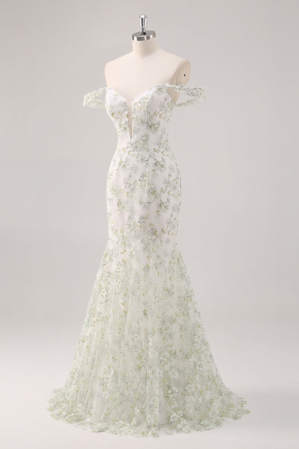 Mermaid White Green Flower Off The Shoulder Long Formal Dress