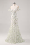 Mermaid White Green Flower Off The Shoulder Long Formal Dress