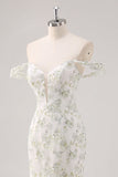 Mermaid White Green Flower Off The Shoulder Long Formal Dress