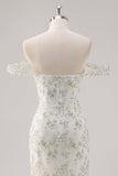 Mermaid White Green Flower Off The Shoulder Long Formal Dress