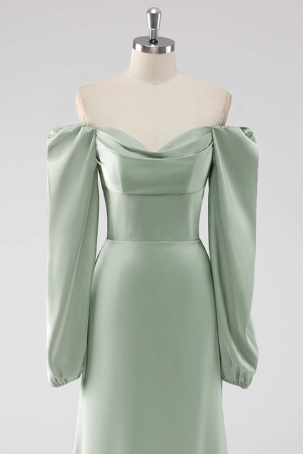 Sage Green Off the Shoulder A Line Long Bridesmaid Dress with Puff Sleeves