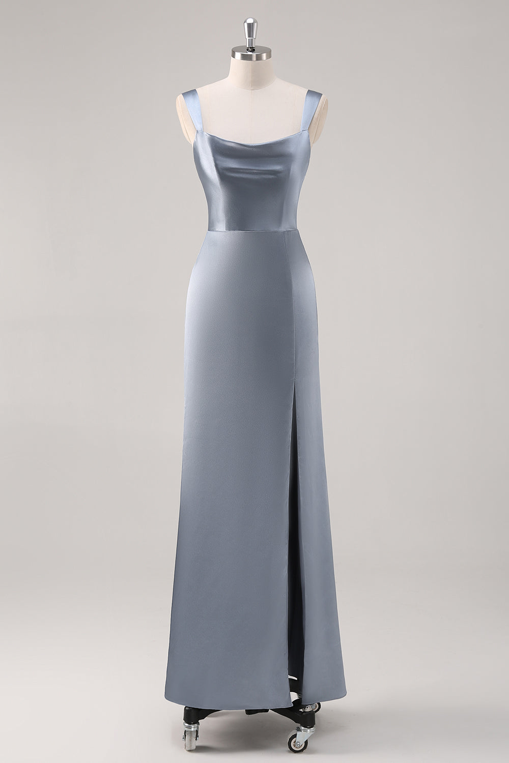 Simple Sheath Grey Blue Satin Bridesmaid Dress with Slit
