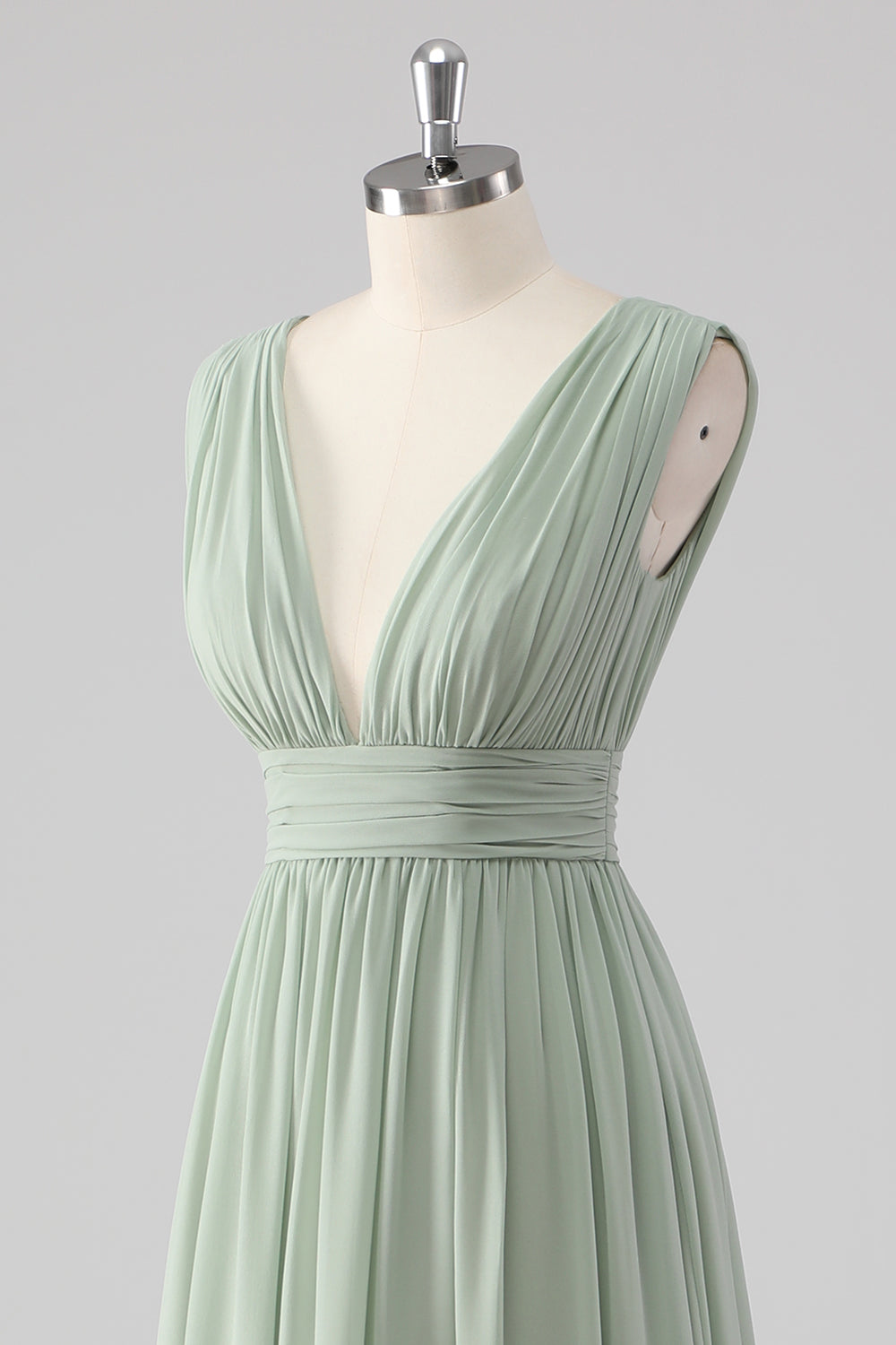 Pleated Chiffon V Neck Long Sage Green Bridesmaid Dress with Slit