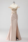Sparkly Champagne Off the Shoulder Corset Appliqued Formal Dress with Slit