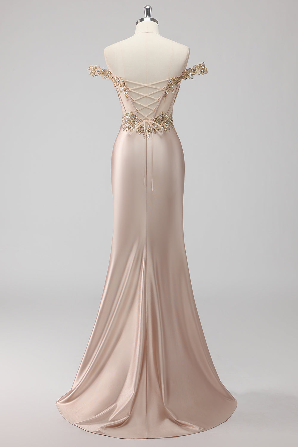 Sparkly Champagne Off the Shoulder Corset Appliqued Formal Dress with Slit