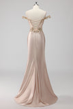 Sparkly Champagne Off the Shoulder Corset Appliqued Formal Dress with Slit