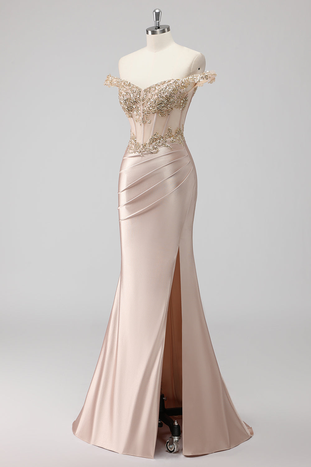 Sparkly Champagne Off the Shoulder Corset Appliqued Formal Dress with Slit