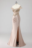 Sparkly Champagne Off the Shoulder Corset Appliqued Formal Dress with Slit