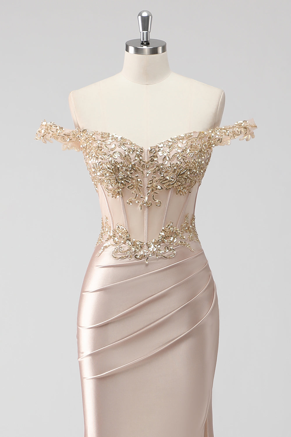 Sparkly Champagne Off the Shoulder Corset Appliqued Formal Dress with Slit
