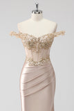 Sparkly Champagne Off the Shoulder Corset Appliqued Formal Dress with Slit