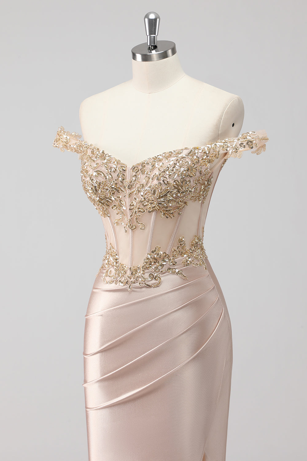 Sparkly Champagne Off the Shoulder Corset Appliqued Formal Dress with Slit