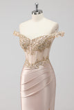 Sparkly Champagne Off the Shoulder Corset Appliqued Formal Dress with Slit