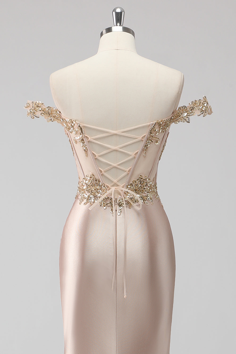 Sparkly Champagne Off the Shoulder Corset Appliqued Formal Dress with Slit