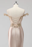 Sparkly Champagne Off the Shoulder Corset Appliqued Formal Dress with Slit