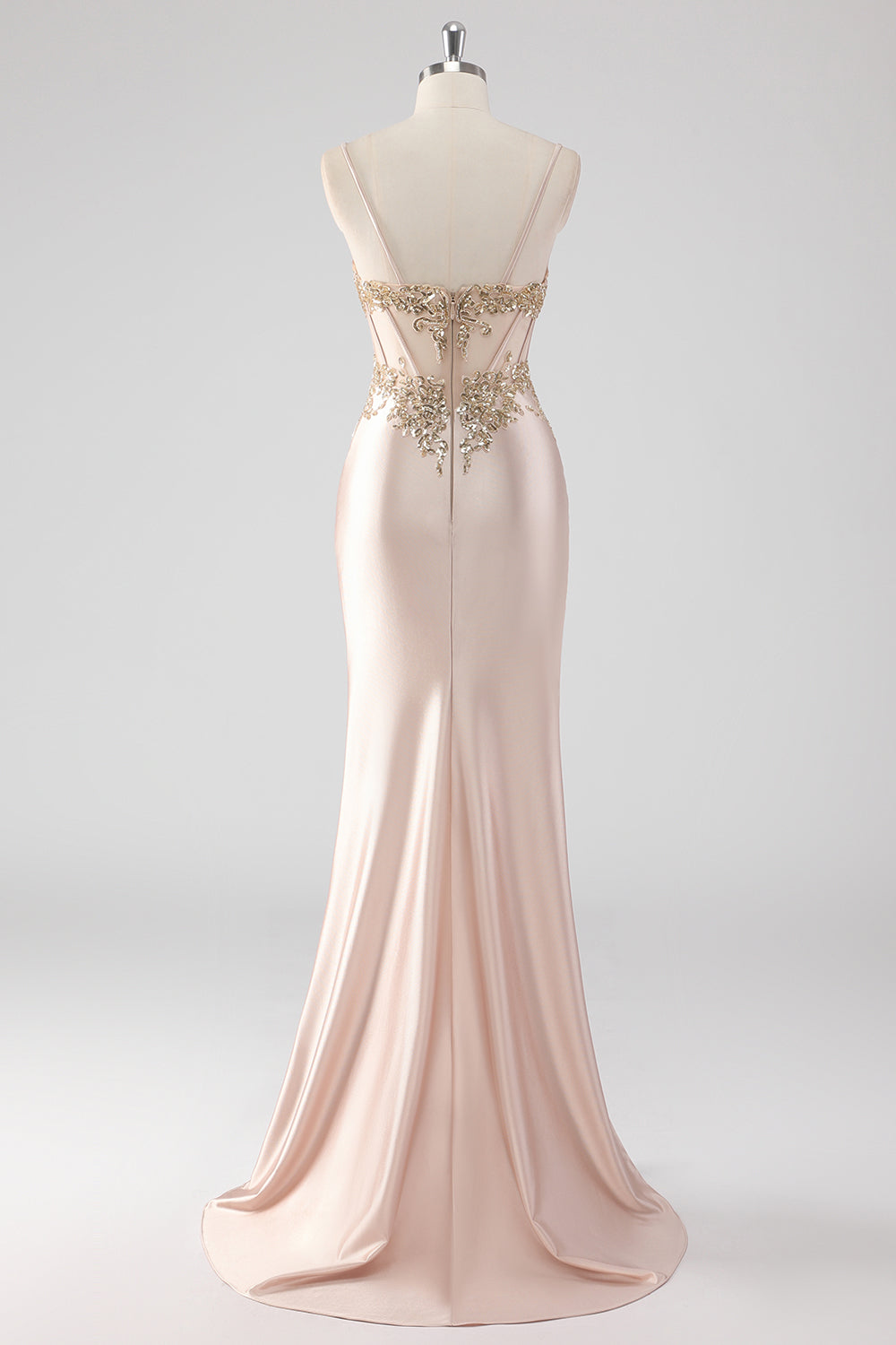 Sparkly Champagne Corset Mermaid Appliques Long Formal Dress with Slit