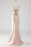 Sparkly Champagne Corset Mermaid Appliques Long Formal Dress with Slit