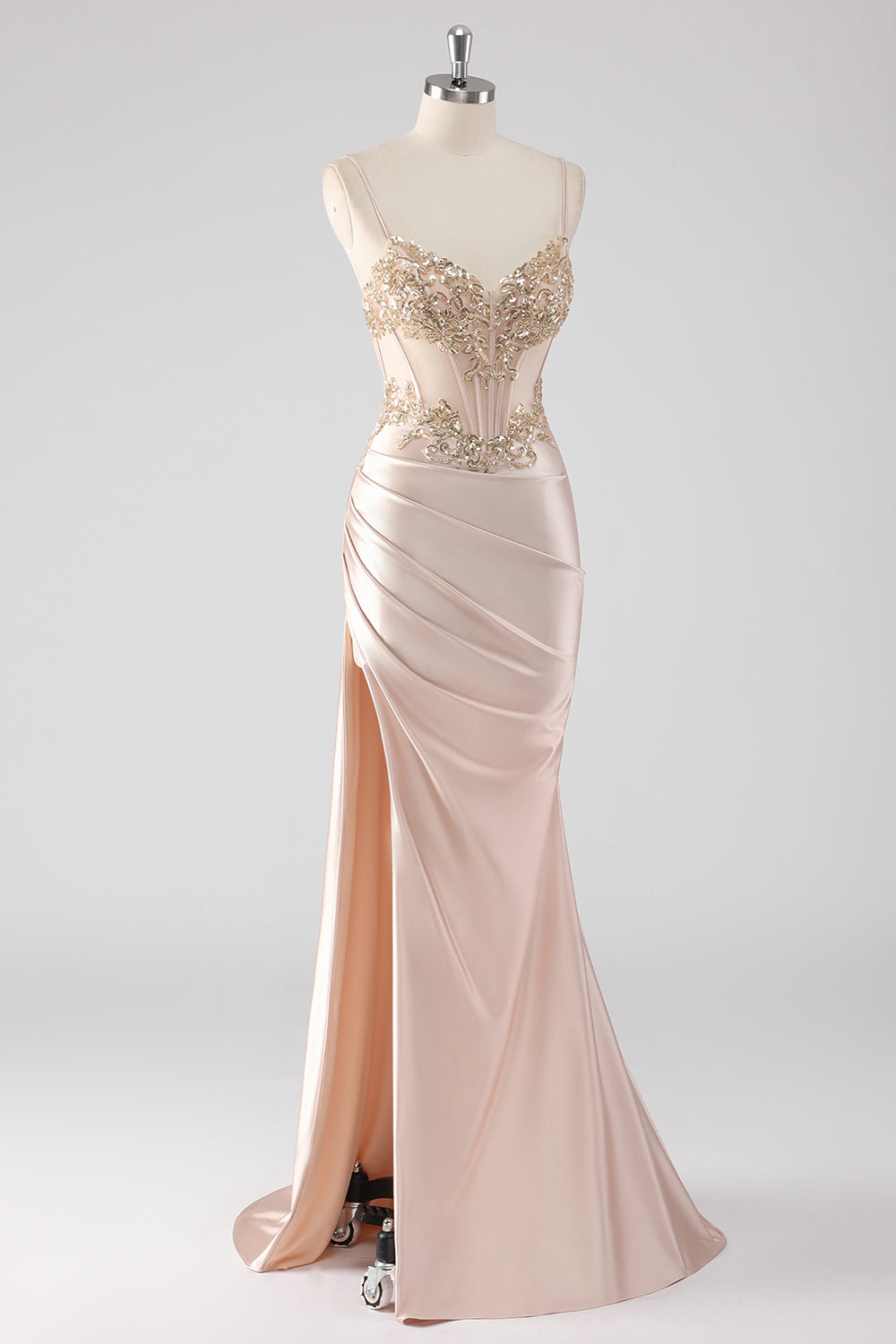 Sparkly Champagne Corset Mermaid Appliques Long Formal Dress with Slit