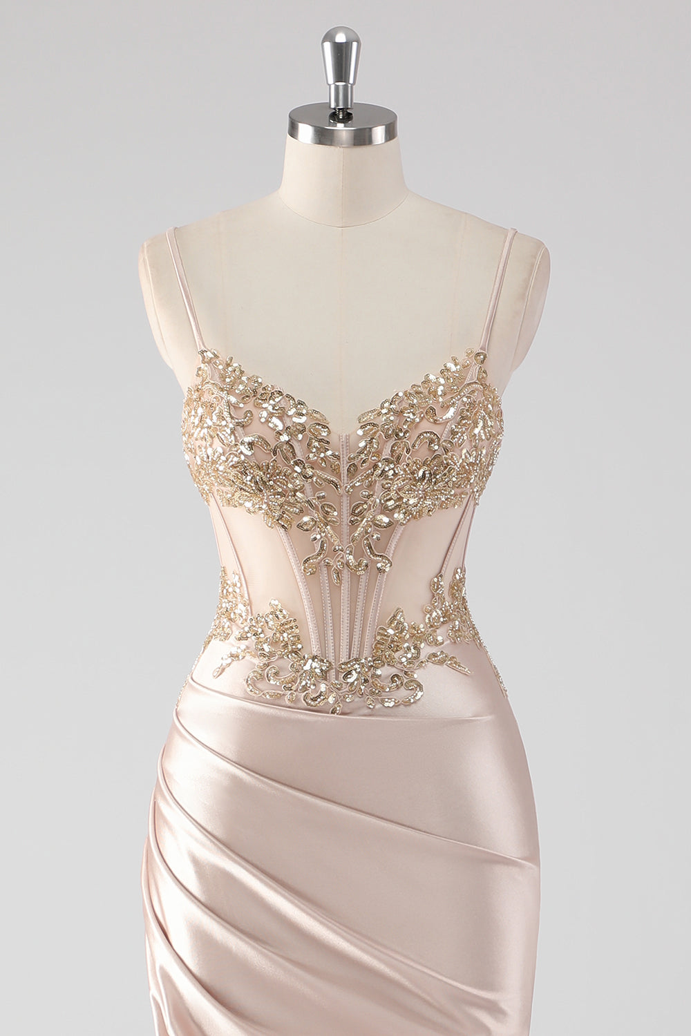 Sparkly Champagne Corset Mermaid Appliques Long Formal Dress with Slit