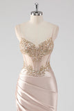 Sparkly Champagne Corset Mermaid Appliques Long Formal Dress with Slit