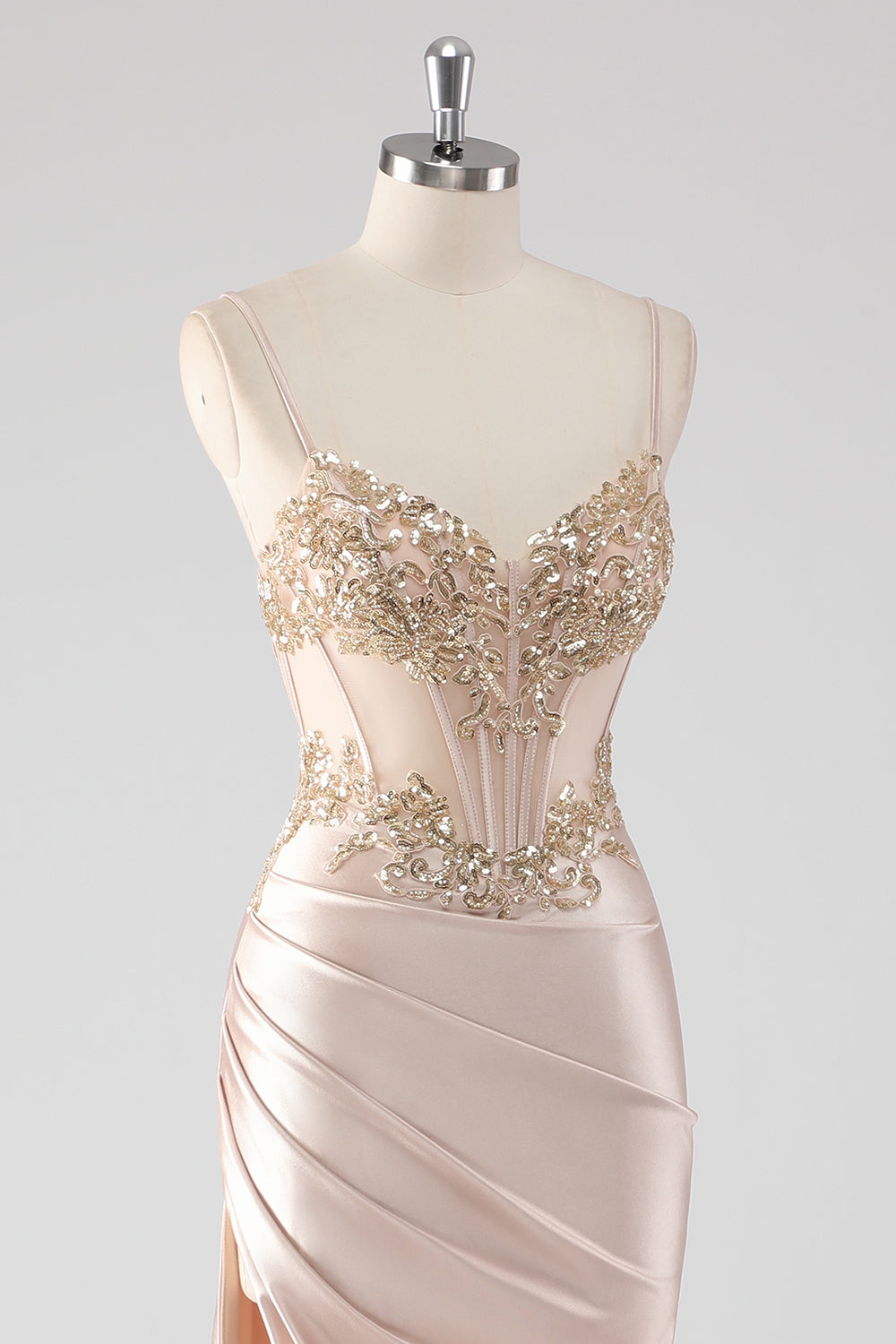 Sparkly Champagne Corset Mermaid Appliques Long Formal Dress with Slit