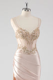Sparkly Champagne Corset Mermaid Appliques Long Formal Dress with Slit