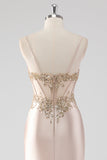 Sparkly Champagne Corset Mermaid Appliques Long Formal Dress with Slit