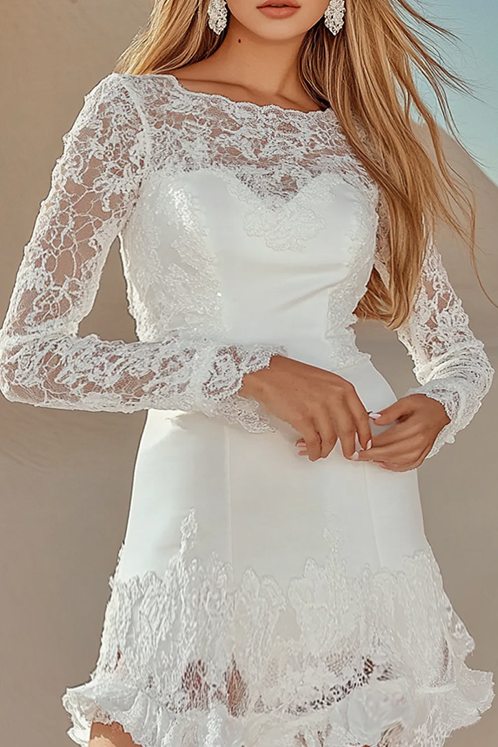 White Lace Appliques Boat Neck Long Sleeves Short Graduation Dress