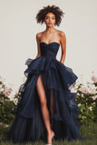 Navy Ball Gown Sweetheart Ruffled Long Formal Dress with Front Slit